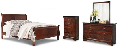 Alisdair Queen Sleigh Bed with Mirrored Dresser and Chest in Reddish Brown - PKG004962