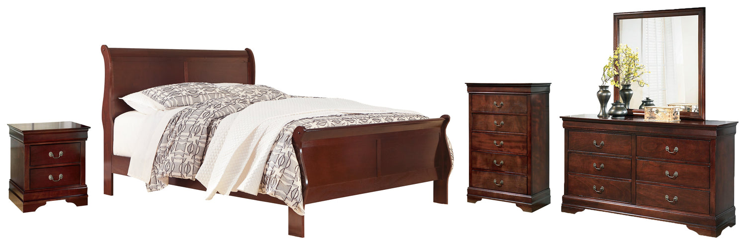 Alisdair Queen Sleigh Bed with Mirrored Dresser, Chest and Nightstand in Reddish Brown - PKG004963