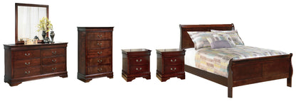 Alisdair Twin Sleigh Bed with Mirrored Dresser, Chest and 2 Nightstands in Reddish Brown - PKG004978