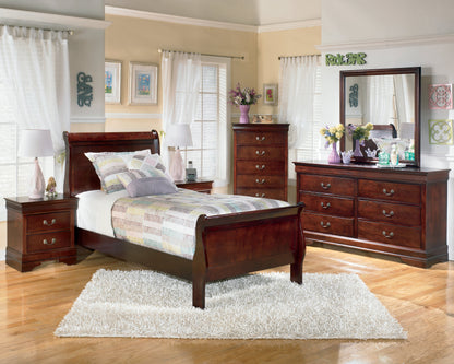 Alisdair Twin Sleigh Bed with Mirrored Dresser, Chest and Nightstand in Reddish Brown - PKG004976