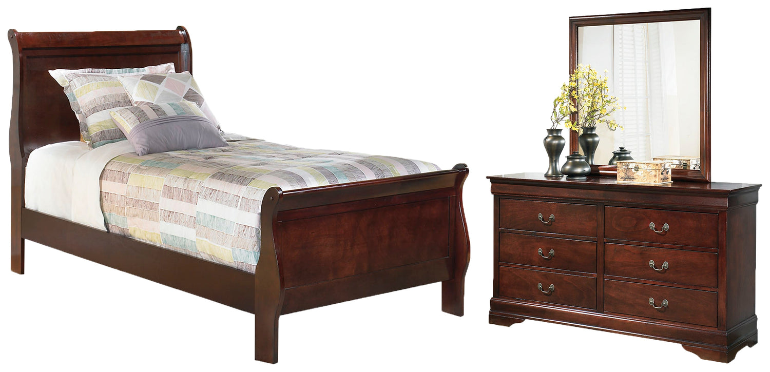 Alisdair Twin Sleigh Bed with Mirrored Dresser in Reddish Brown - PKG000532