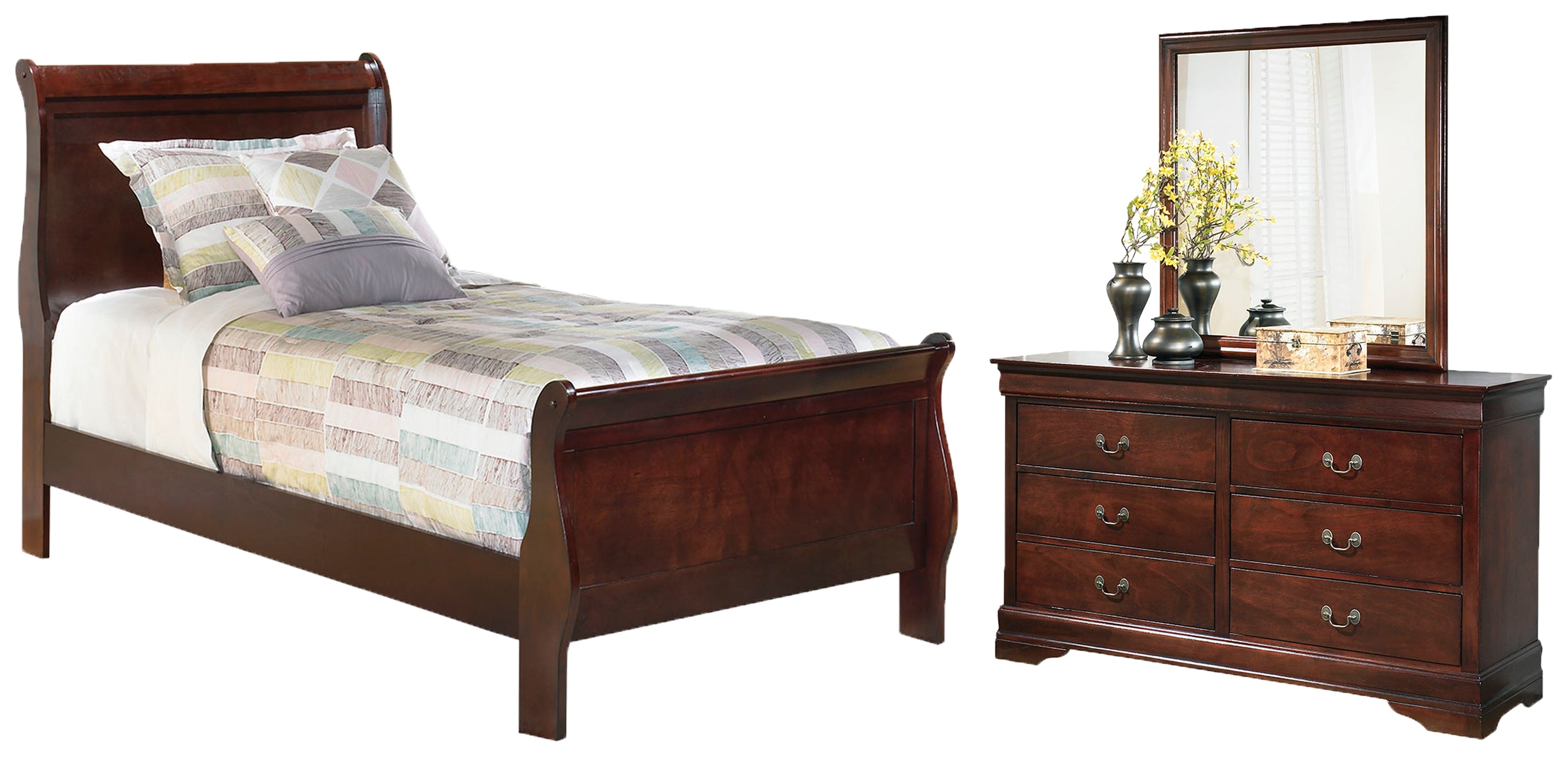 Alisdair Twin Sleigh Bed with Mirrored Dresser in Reddish Brown - PKG000532