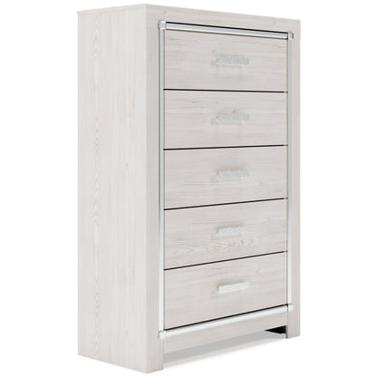 Altyra King Bookcase Headboard Bed with Mirrored Dresser, Chest and 2 Nightstands in White - PKG009489