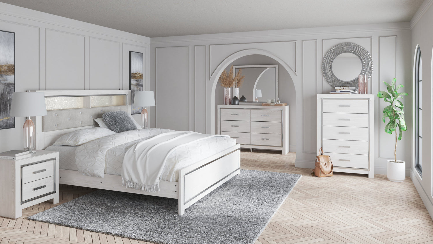 Altyra King Bookcase Headboard Bed with Mirrored Dresser, Chest and 2 Nightstands in White - PKG009489