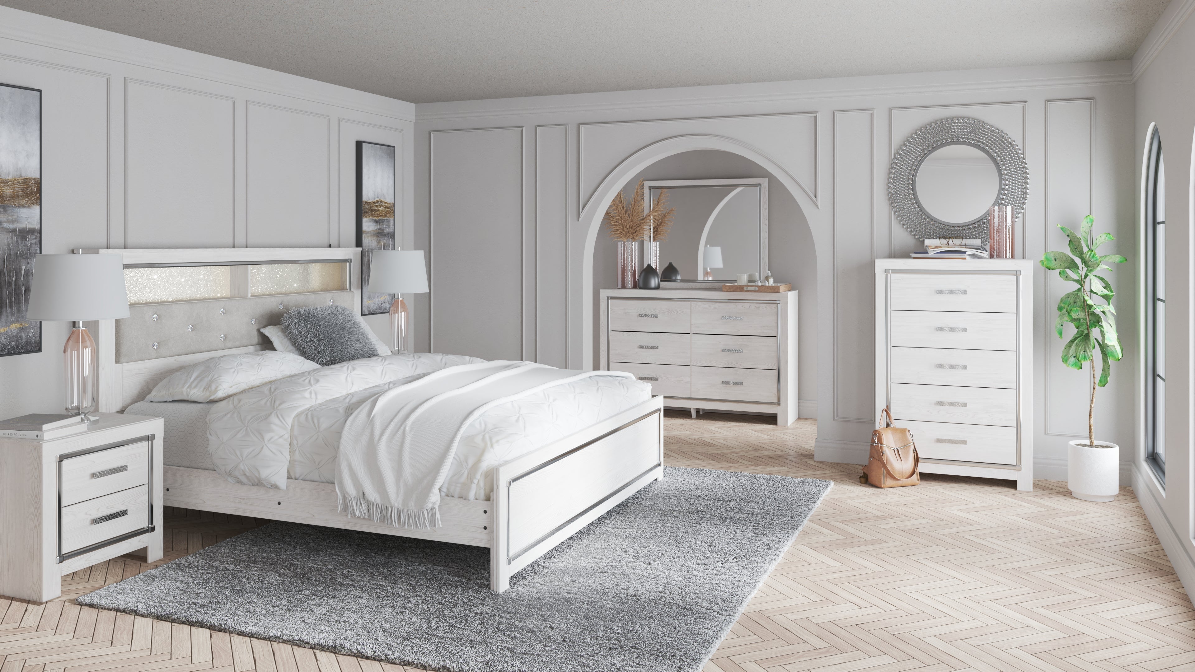 Altyra King Bookcase Headboard Bed with Mirrored Dresser, Chest and 2 Nightstands in White - PKG009489
