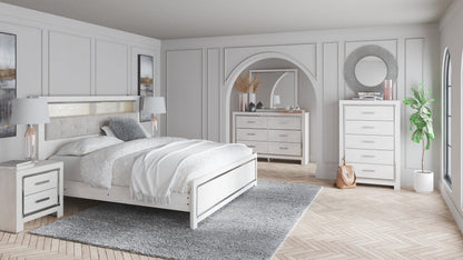 Altyra King Bookcase Headboard Bed with Mirrored Dresser, Chest and 2 Nightstands in White - PKG009489