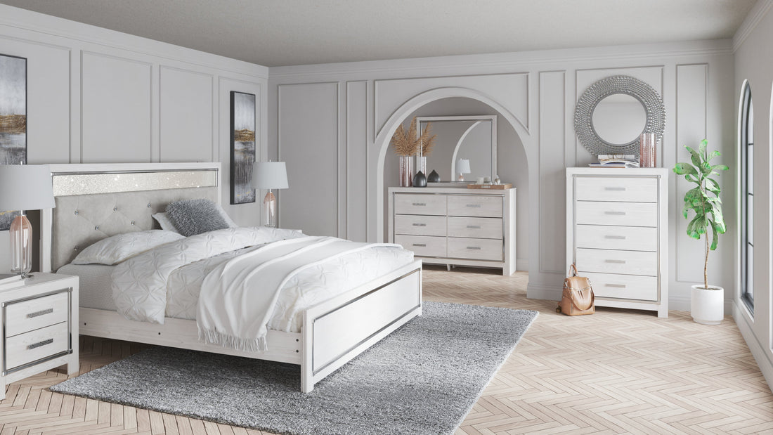 Altyra King Panel Bed with Mirrored Dresser, Chest and Nightstand in White from Ashley - Luna Furniture