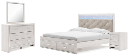 Altyra King Upholstered Storage Bed with Mirrored Dresser and Nightstand in White - PKG014083