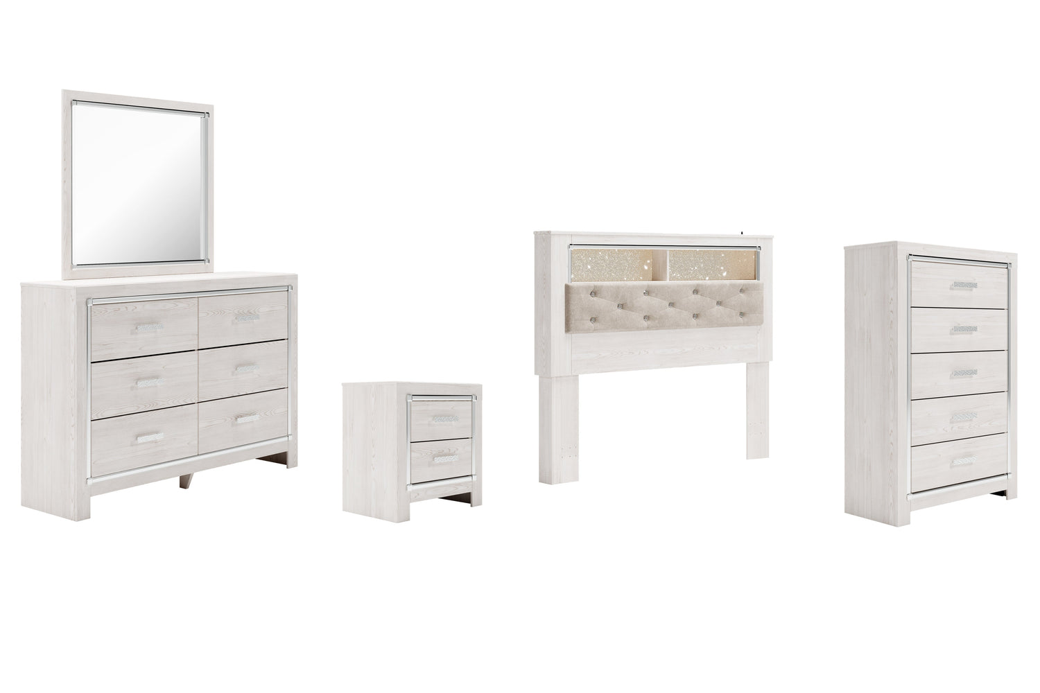 Altyra Queen Bookcase Headboard Bed with Mirrored Dresser, Chest and Nightstand in White - PKG009482