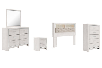 Altyra Queen Bookcase Headboard Bed with Mirrored Dresser, Chest and Nightstand in White - PKG009482