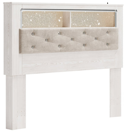 Altyra Queen Bookcase Headboard Bed with Mirrored Dresser, Chest and Nightstand in White - PKG009482