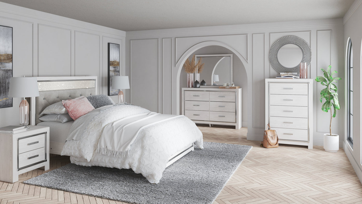 Altyra Queen Panel Bed with Mirrored Dresser, Chest and Nightstand in White from Ashley - Luna Furniture