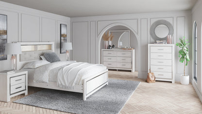 Altyra Queen Panel Bookcase Bed with Mirrored Dresser and Chest in White from Ashley - Luna Furniture
