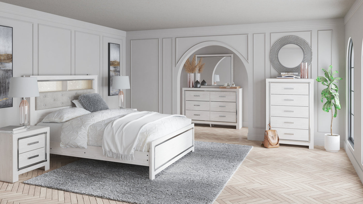 Altyra Queen Panel Bookcase Bed with Mirrored Dresser, Chest and 2 Nightstands in White from Ashley - Luna Furniture