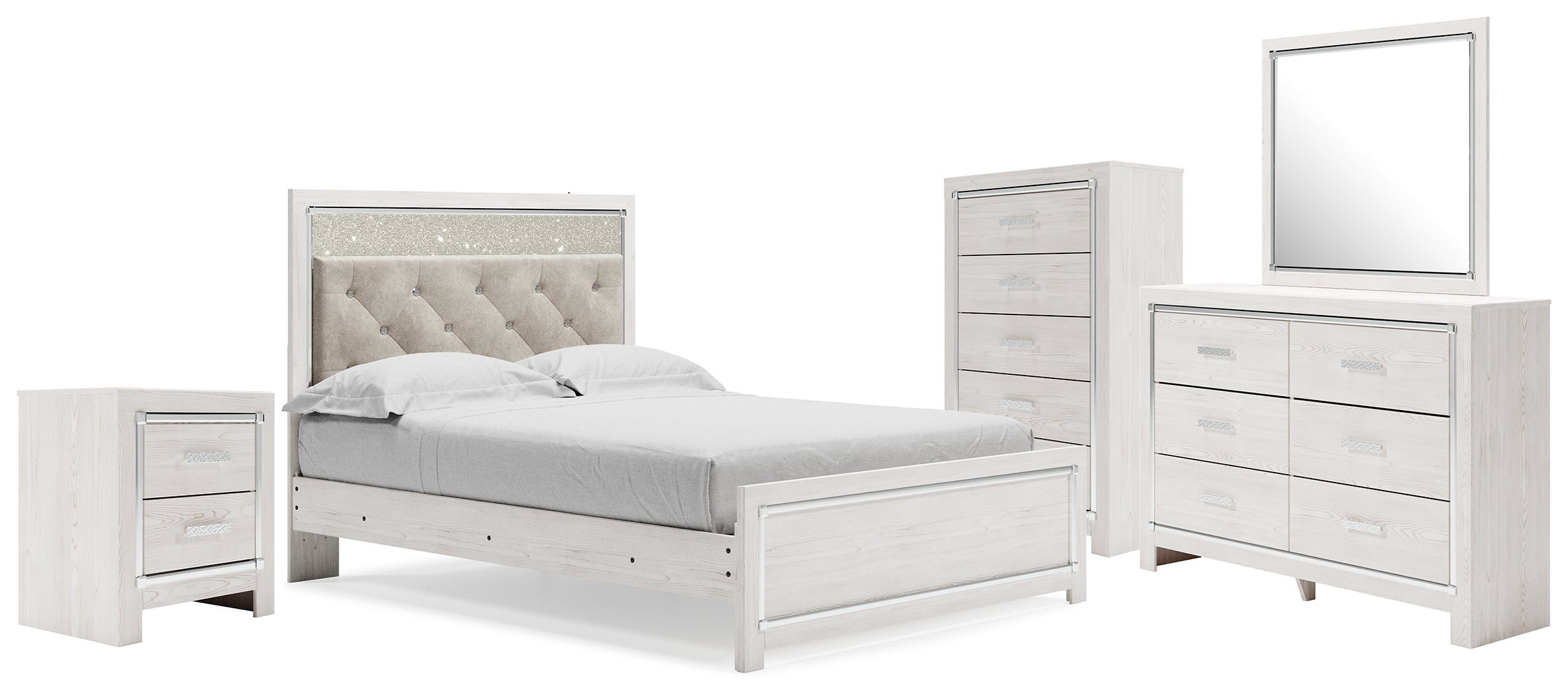 Altyra Queen Upholstered Panel Bed, Dresser, Mirror, Chest and Nightstand - B2640B62