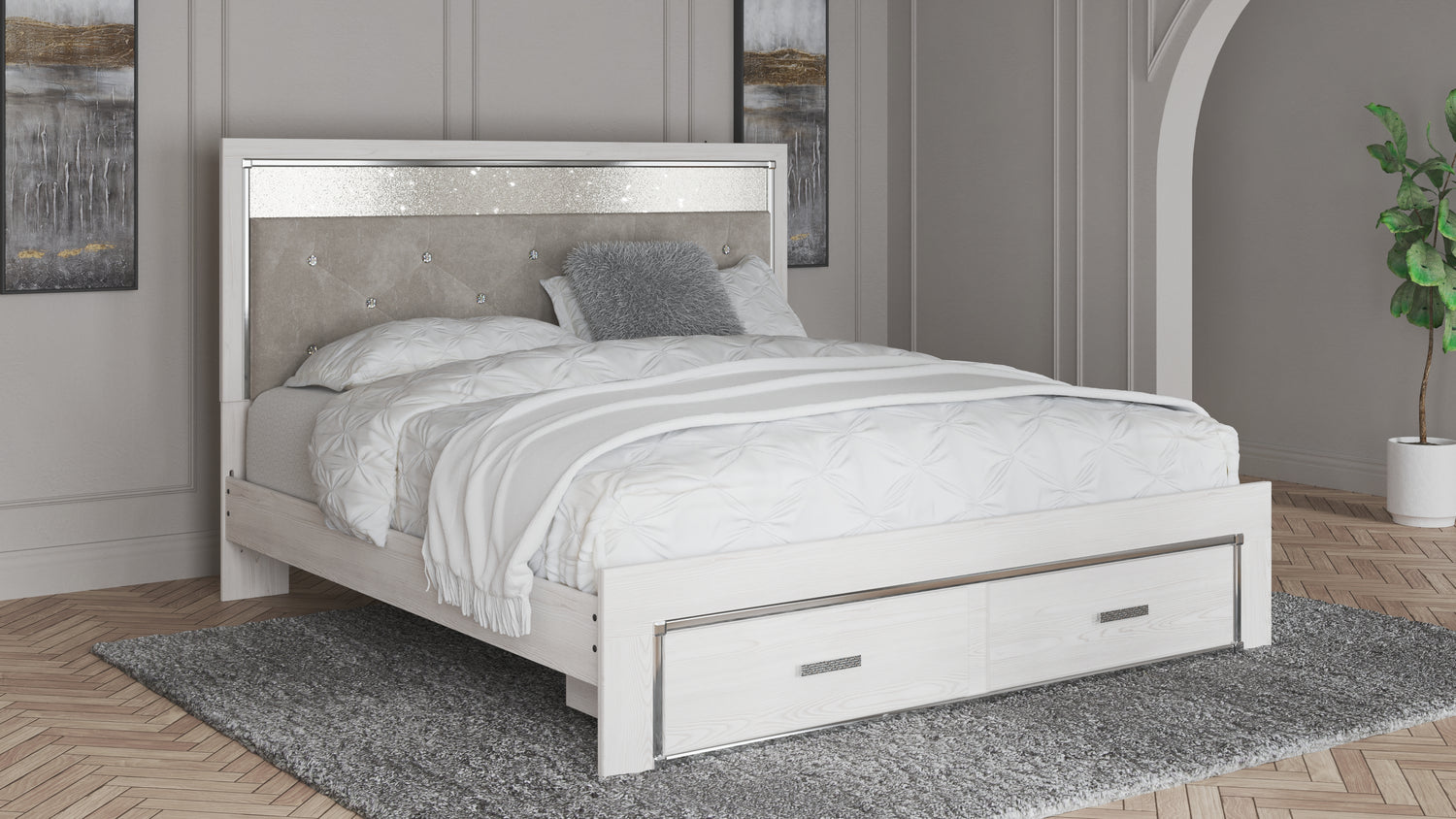 Altyra White King Storage Bed, Dresser, Mirror and 2 Chests - B2640B45