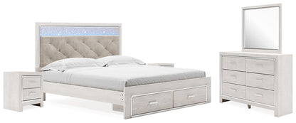 Altyra White King Upholstered Storage Bed, Dresser, Mirror and 2 Nightstands - B2640B37
