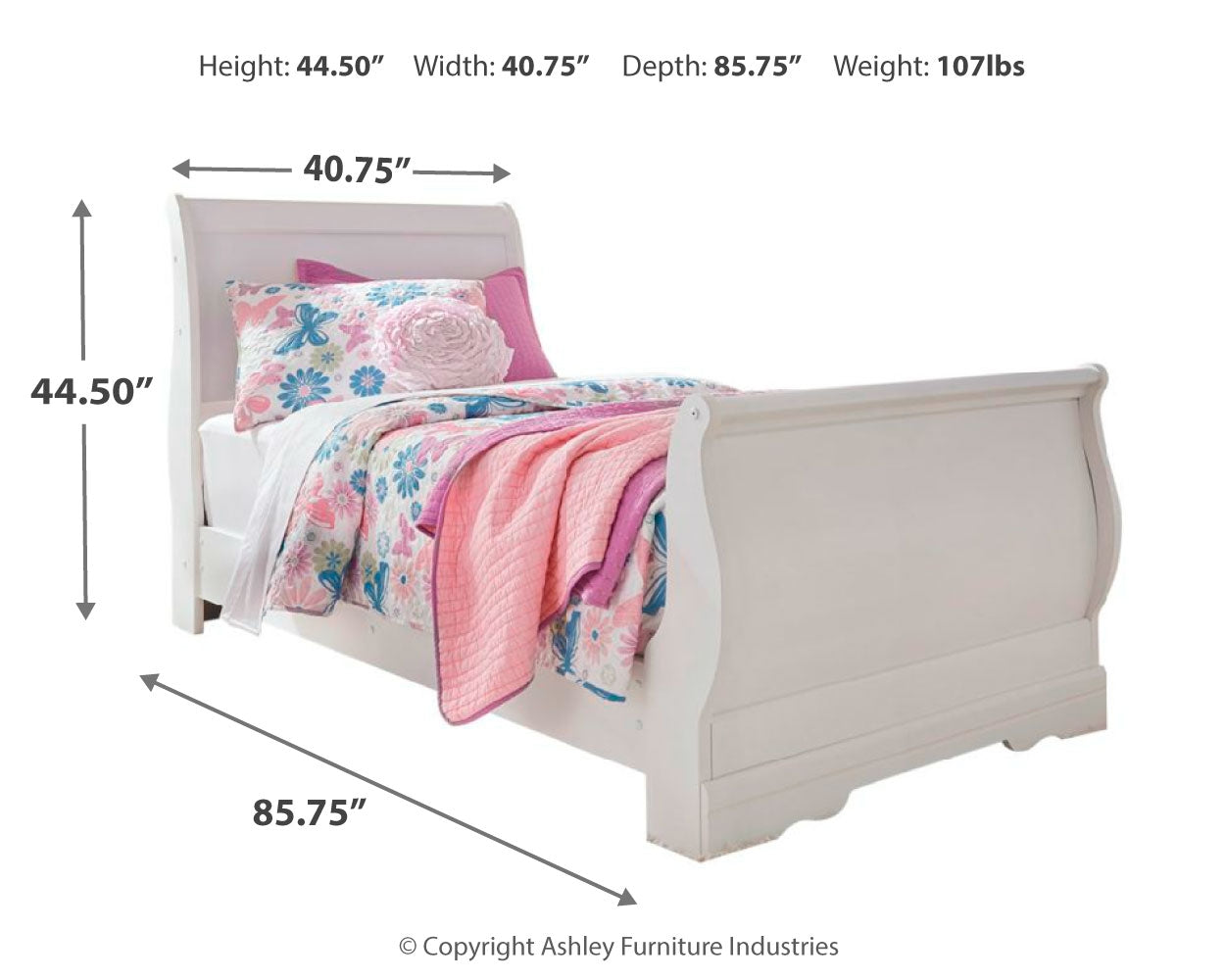 Anarasia Twin Sleigh Bed with Mirrored Dresser, Chest and Nightstand in White - PKG002581