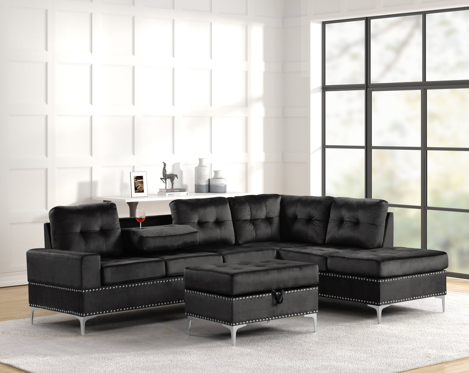 Anserra Black Reversible Sectional + Ottoman Set - ANSERRA BLACK