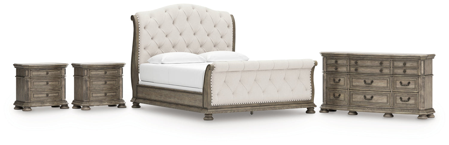 Ardenfield California King Upholstered Sleigh Bed with Dresser and 2 Nightstands in Light Brown from Ashley - Luna Furniture