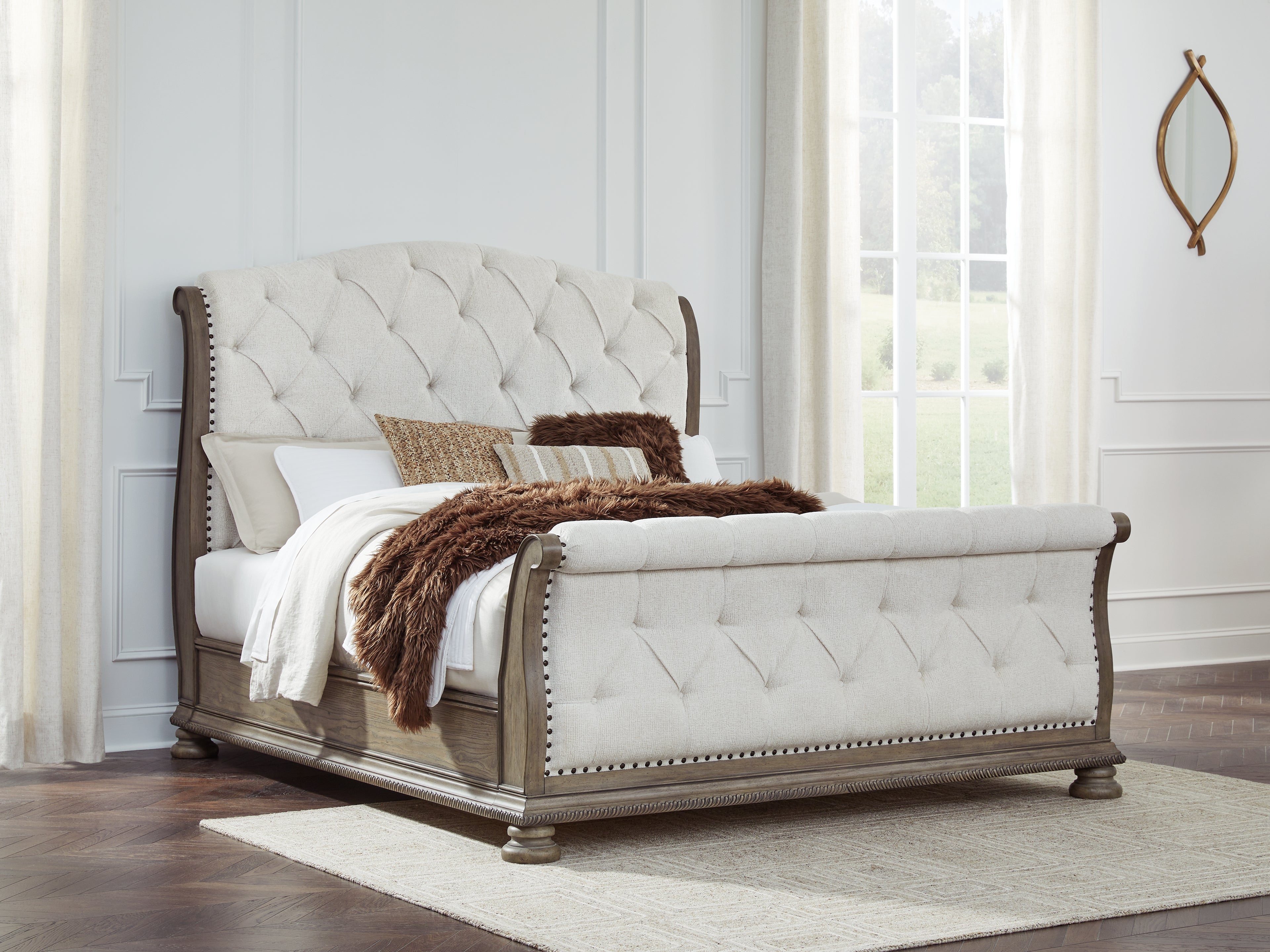 Ardenfield California King Upholstered Sleigh Bed with Dresser in Light Brown from Ashley - Luna Furniture