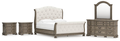 Ardenfield California King Upholstered Sleigh Bed with Mirrored Dresser and 2 Nightstands in Light Brown from Ashley - Luna Furniture
