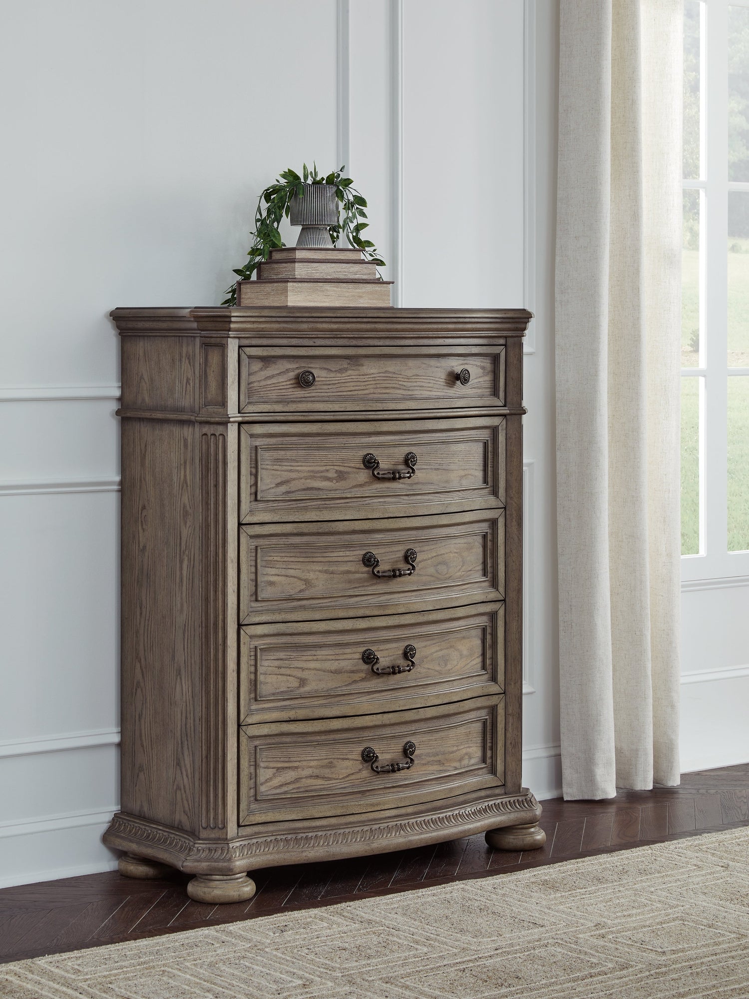 Ardenfield California King Upholstered Sleigh Bed with Mirrored Dresser, Chest and 2 Nightstands in Light Brown from Ashley - Luna Furniture