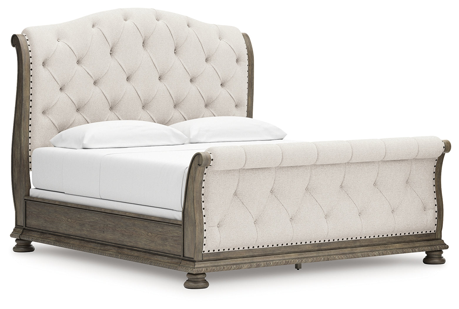 Ardenfield California King Upholstered Sleigh Bed with Mirrored Dresser, Chest and Nightstand in Light Brown from Ashley - Luna Furniture