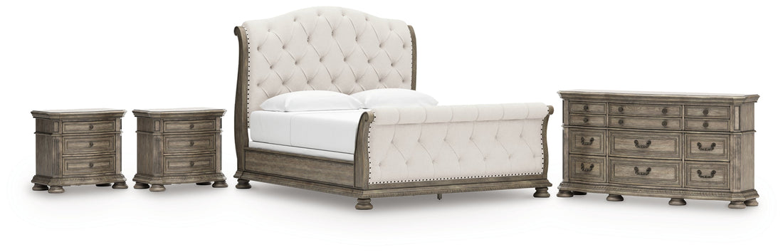 Ardenfield King Upholstered Sleigh Bed with Dresser and 2 Nightstands in Light Brown from Ashley - Luna Furniture