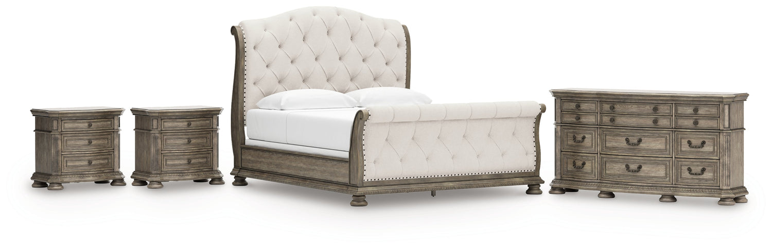 Ardenfield King Upholstered Sleigh Bed with Dresser and 2 Nightstands in Light Brown from Ashley - Luna Furniture