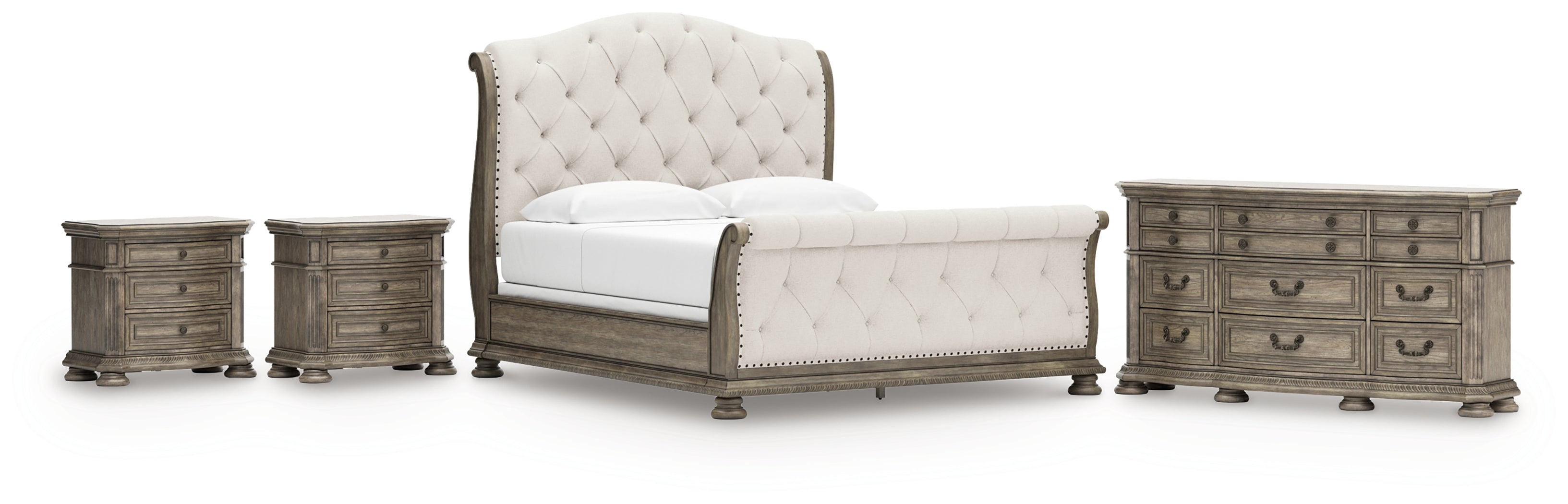 Ardenfield King Upholstered Sleigh Bed with Dresser and 2 Nightstands in Light Brown from Ashley - Luna Furniture