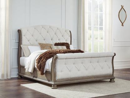 Ardenfield King Upholstered Sleigh Bed with Dresser in Light Brown from Ashley - Luna Furniture