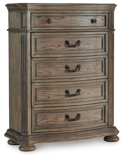 Ardenfield King Upholstered Sleigh Bed with Mirrored Dresser and Chest in Light Brown from Ashley - Luna Furniture