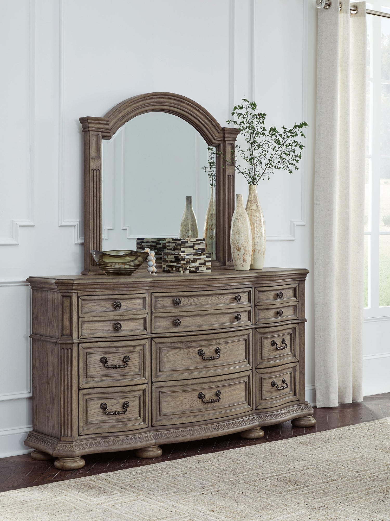 Ardenfield King Upholstered Sleigh Bed with Mirrored Dresser and Nightstand in Light Brown from Ashley - Luna Furniture
