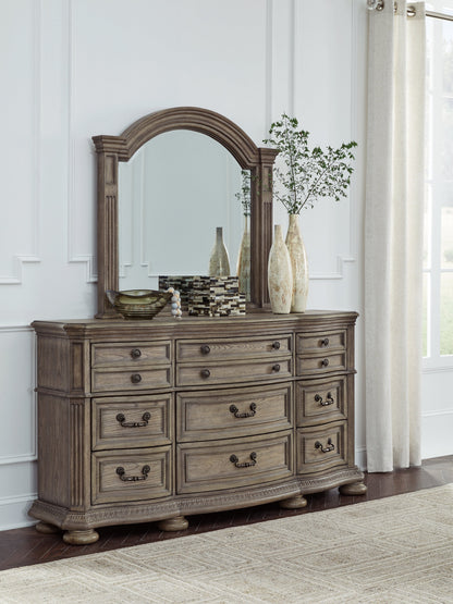 Ardenfield King Upholstered Sleigh Bed with Mirrored Dresser and Nightstand in Light Brown from Ashley - Luna Furniture