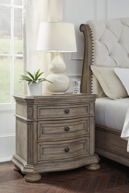 Ardenfield King Upholstered Sleigh Bed with Mirrored Dresser and Nightstand in Light Brown from Ashley - Luna Furniture