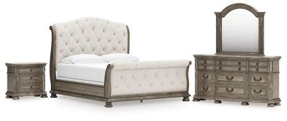 Ardenfield King Upholstered Sleigh Bed with Mirrored Dresser and Nightstand in Light Brown from Ashley - Luna Furniture
