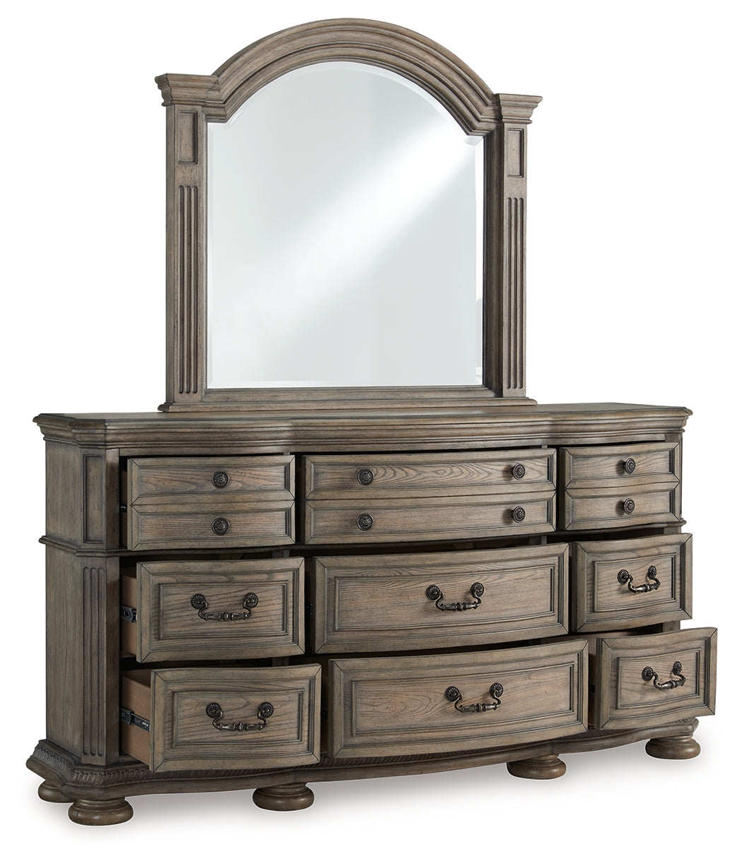 Ardenfield King Upholstered Sleigh Bed with Mirrored Dresser and Nightstand in Light Brown from Ashley - Luna Furniture