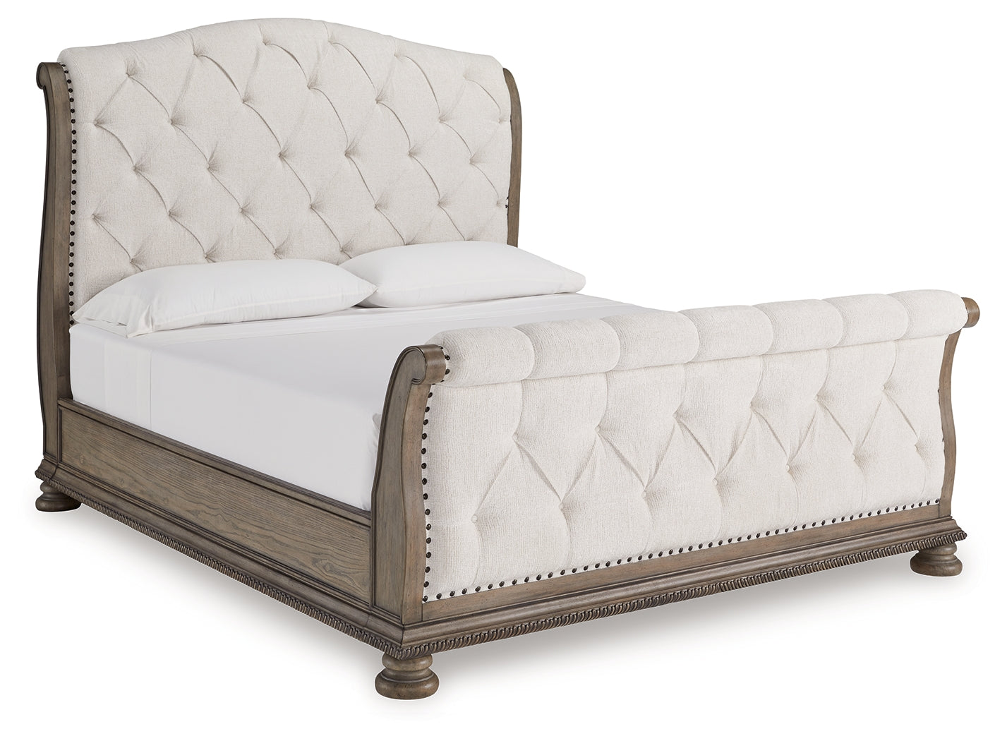 Ardenfield King Upholstered Sleigh Bed with Mirrored Dresser and Nightstand in Light Brown from Ashley - Luna Furniture