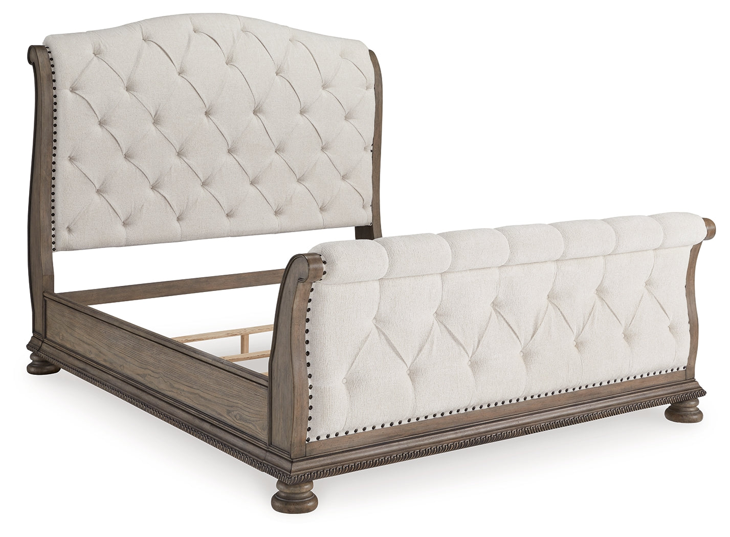 Ardenfield King Upholstered Sleigh Bed with Mirrored Dresser and Nightstand in Light Brown from Ashley - Luna Furniture