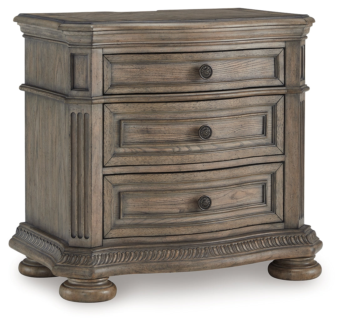 Ardenfield King Upholstered Sleigh Bed with Mirrored Dresser and Nightstand in Light Brown from Ashley - Luna Furniture