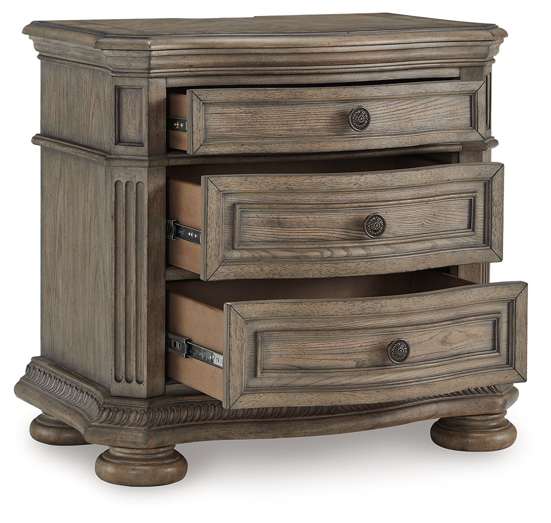 Ardenfield King Upholstered Sleigh Bed with Mirrored Dresser and Nightstand in Light Brown from Ashley - Luna Furniture