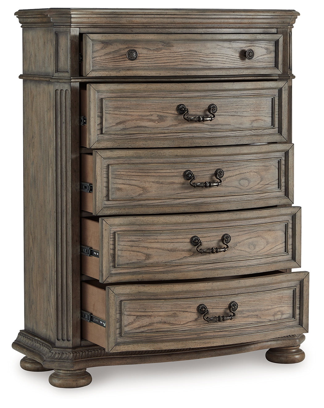 Ardenfield King Upholstered Sleigh Bed with Mirrored Dresser, Chest and Nightstand in Light Brown from Ashley - Luna Furniture