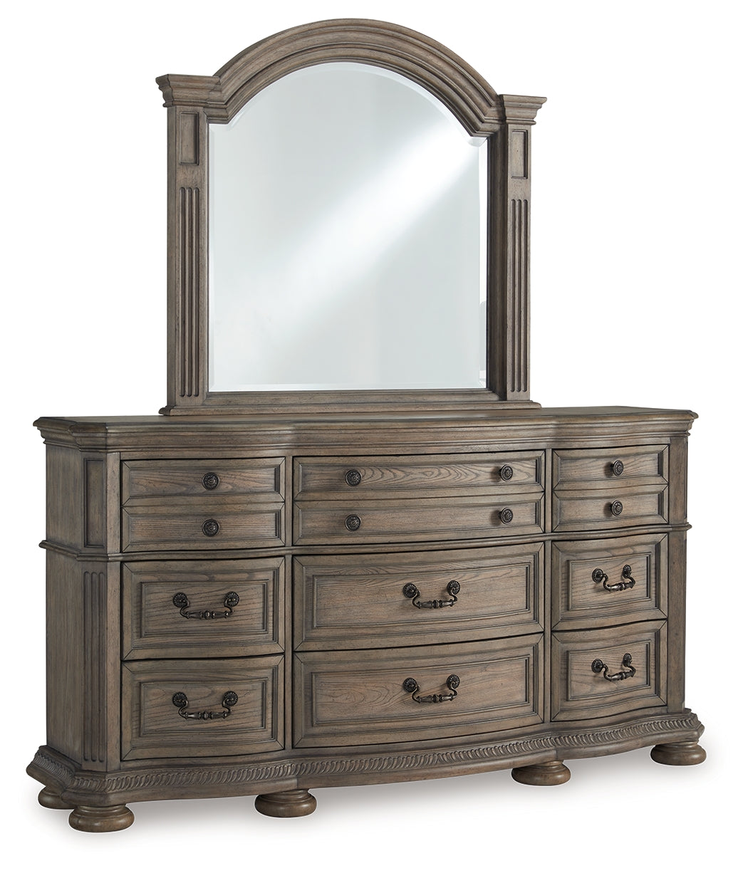 Ardenfield Queen Upholstered Sleigh Bed with Mirrored Dresser in Light Brown from Ashley - Luna Furniture