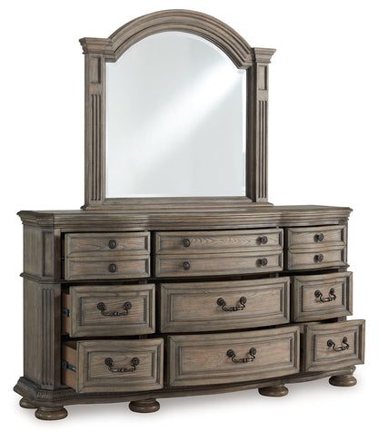 Ardenfield Queen Upholstered Sleigh Bed with Mirrored Dresser in Light Brown from Ashley - Luna Furniture