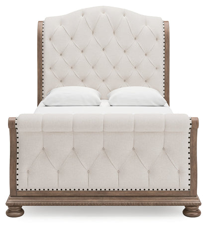 Ardenfield Queen Upholstered Sleigh Bed with Mirrored Dresser in Light Brown from Ashley - Luna Furniture