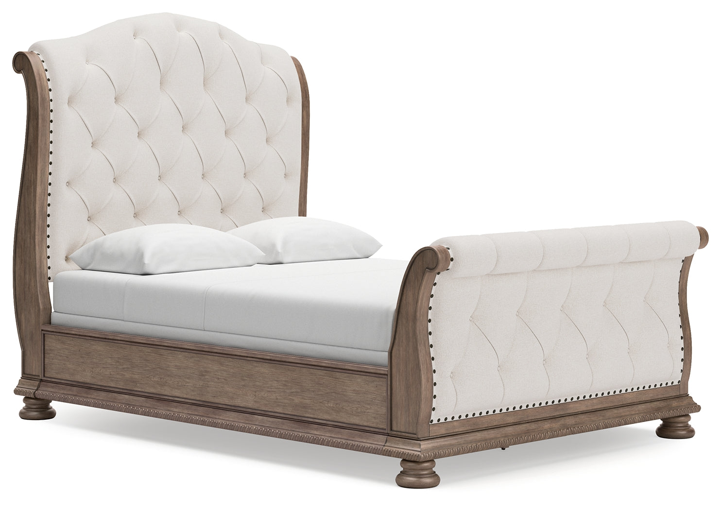 Ardenfield Queen Upholstered Sleigh Bed with Mirrored Dresser in Light Brown from Ashley - Luna Furniture