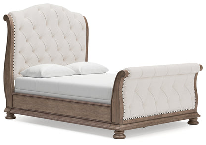 Ardenfield Queen Upholstered Sleigh Bed with Mirrored Dresser in Light Brown from Ashley - Luna Furniture