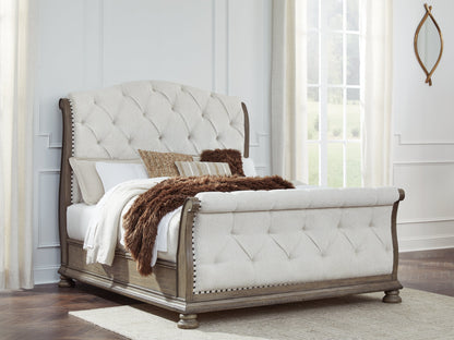 Ardenfield Queen Upholstered Sleigh Bed with Mirrored Dresser in Light Brown from Ashley - Luna Furniture