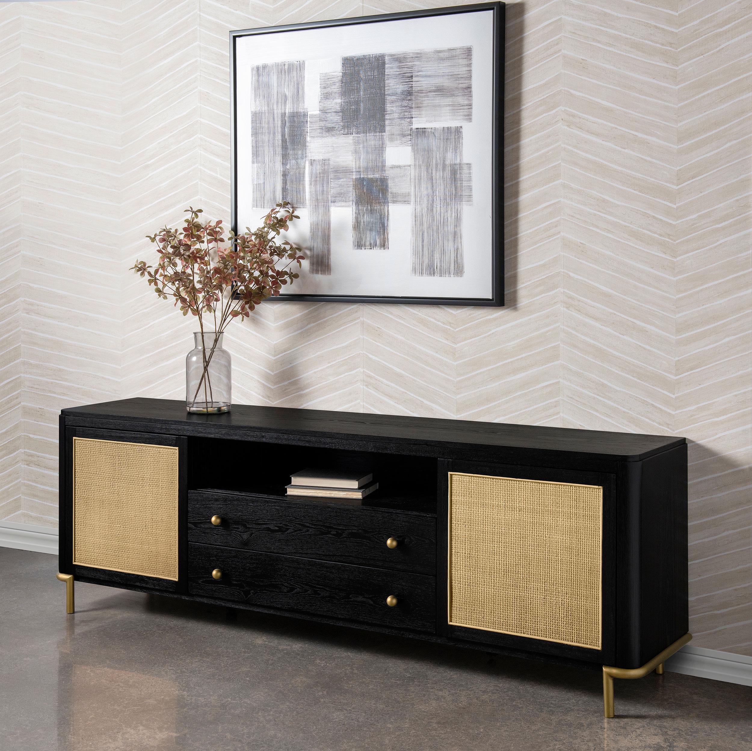 Arini Rattan Cane 2-door TV Stand Media Console Black - 720263
